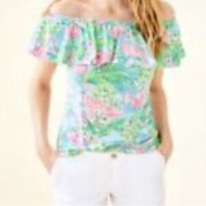 Lilly Pulitzer La Fortuna Flamingo Off Shoulder Top with Ruffles Size Medium